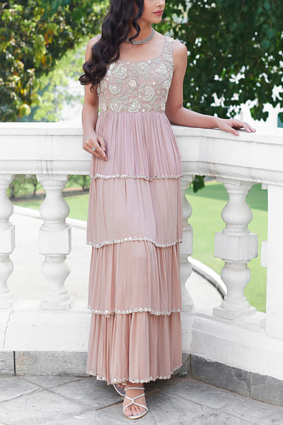 Fall pink floral embroidered layered dress