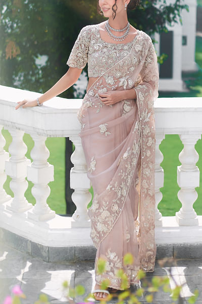 Fall pink floral embroidery sari set