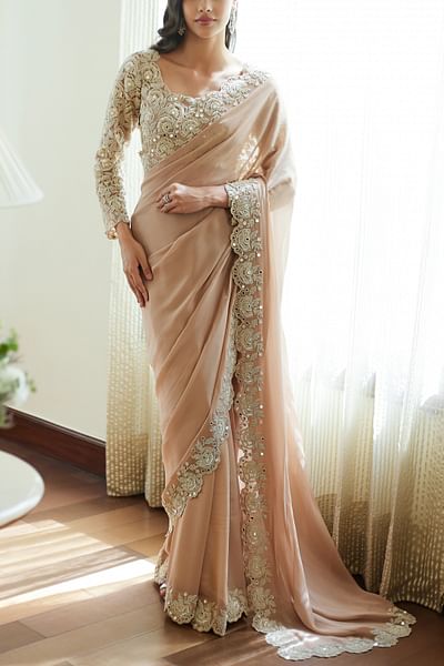 Fall Pink floral embroidery scallop sari set