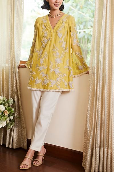Fall yellow floral embroidered tunic