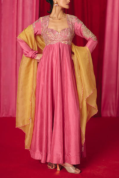 Flamingo pink floral embroidered anarkali set
