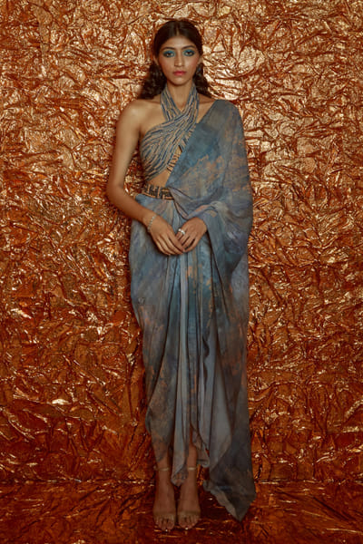 Flint grey printed pre-draped chiffon sari set