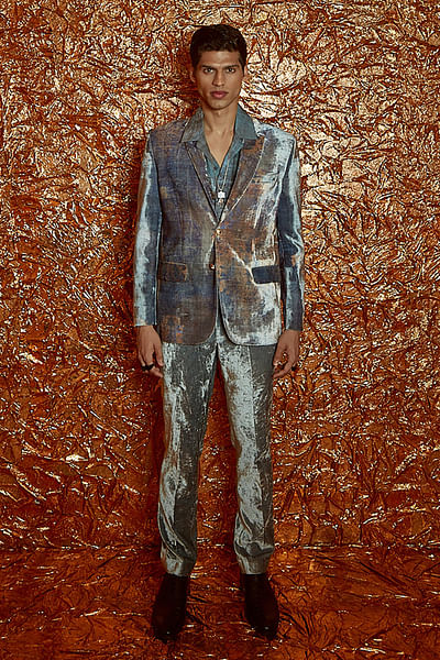 Flint grey printed velvet blazer