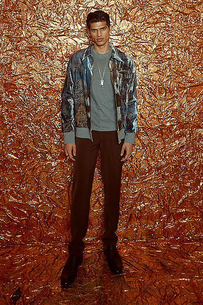 Flint grey printed velvet bomber jacket