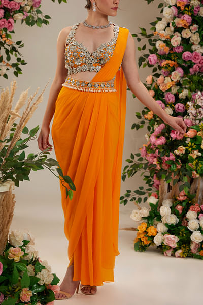 Florescent orange pre-draped sari set