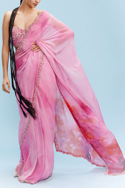 Fondant pink watercolour printed sari set