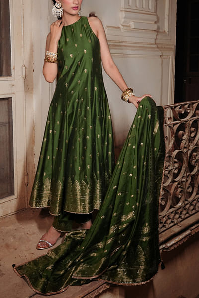Forest green floral woven anarkali set