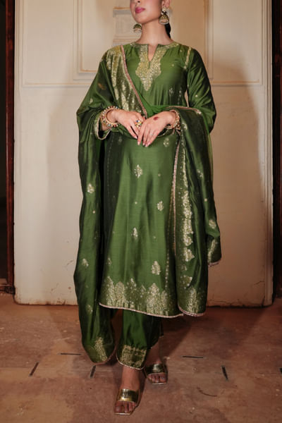 Forest green floral woven kurta set