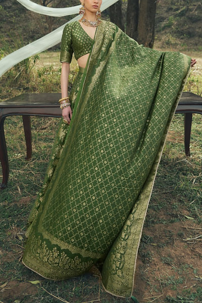 Forest green floral woven lehenga set