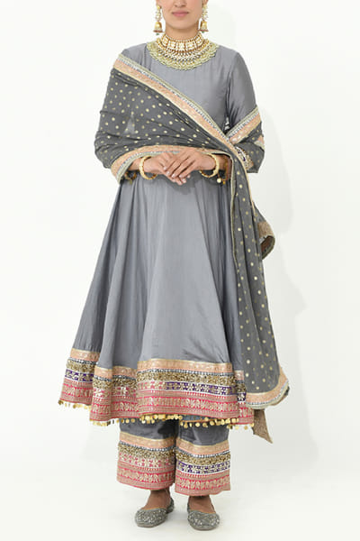 Fossil grey embroidered anarkali set