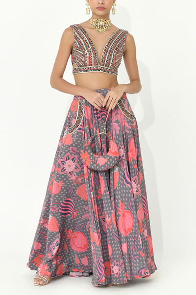 Fossil grey fruit and floral printed lehenga set