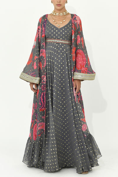 Fossil grey fruit printed jacket and anarkali