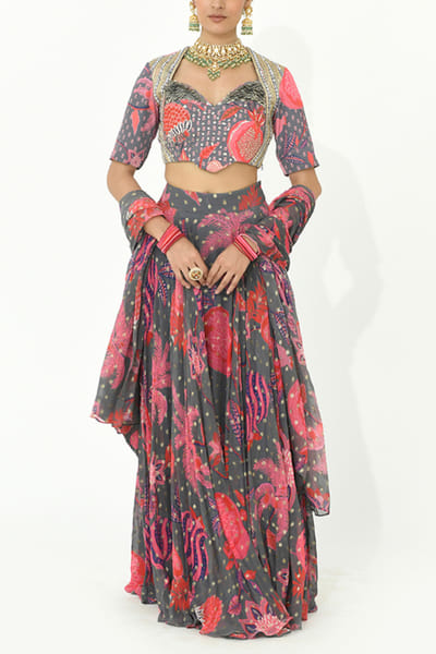 Fossil grey fruit printed lehenga set