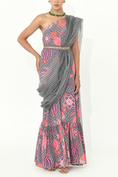 Fossil grey fruit printed tiered dress set