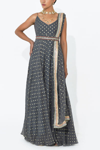 Fossil grey metallic motif anarkali set