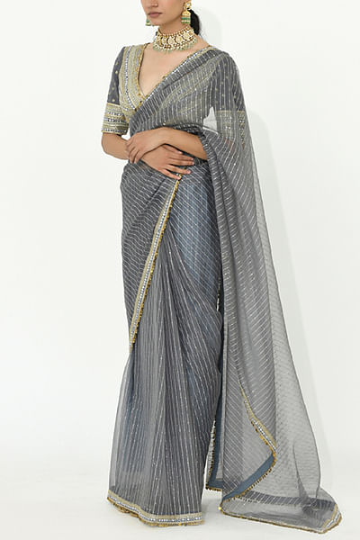 Fossil grey striped sari set