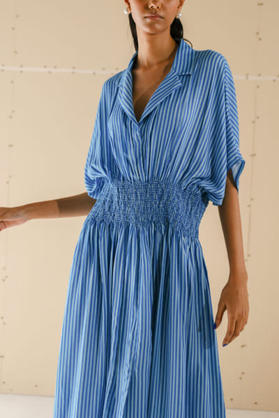 French and sky blue stripe printed smocked dress