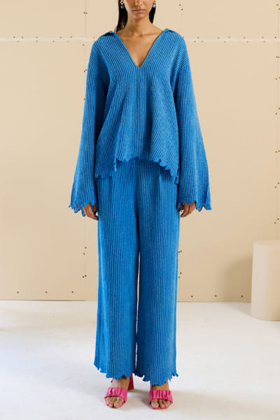 French blue stripe embroidered top