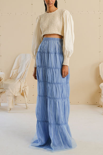 French blue stripe printed smocked skirt