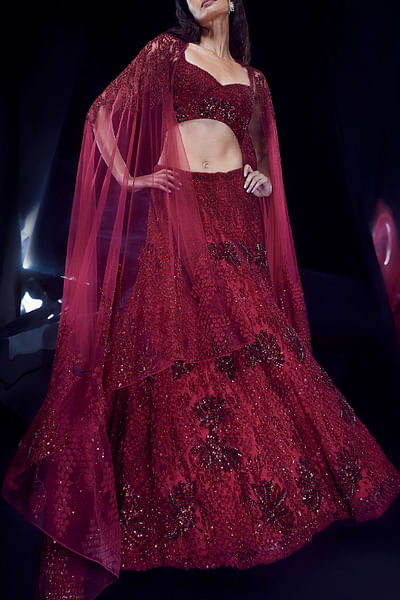 French red floral embellished lehenga set