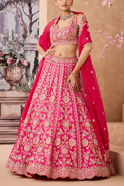 Fuchsia 3D floral embroidery lehenga set