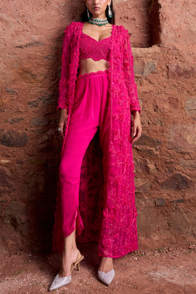 Fuchsia 3D floral jacket set