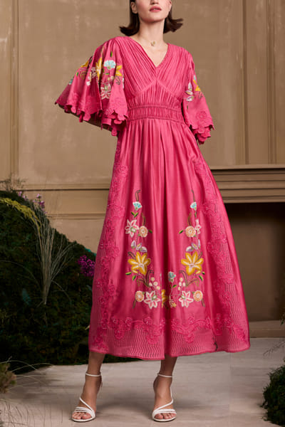 Chandrima Fuchsia chanderi ruched dress CHAJAN25D33180
