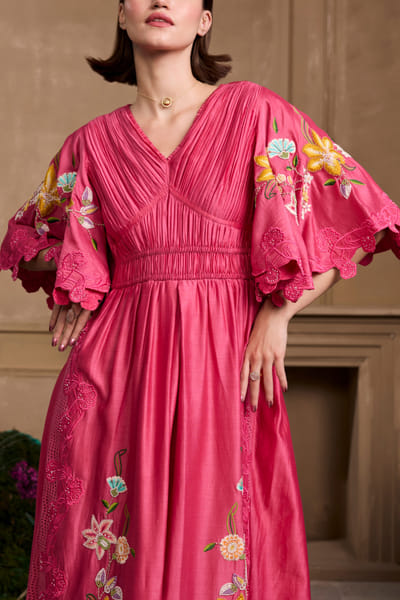 Chandrima Fuchsia chanderi ruched dress CHAJAN25D33180