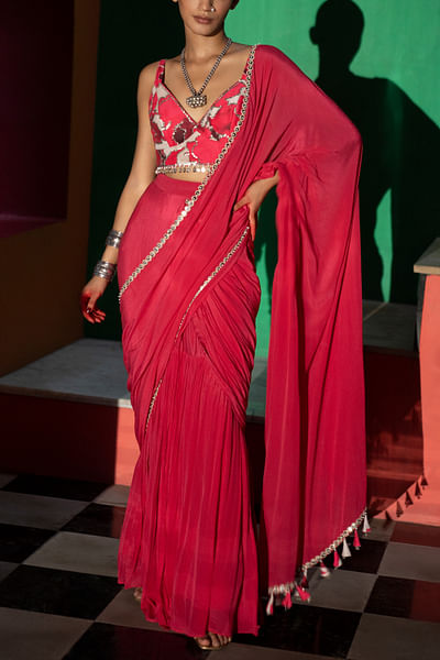 Fuchsia embroidered concept sari set
