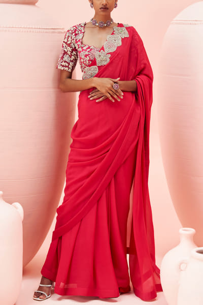 Fuchsia embroidered sari set