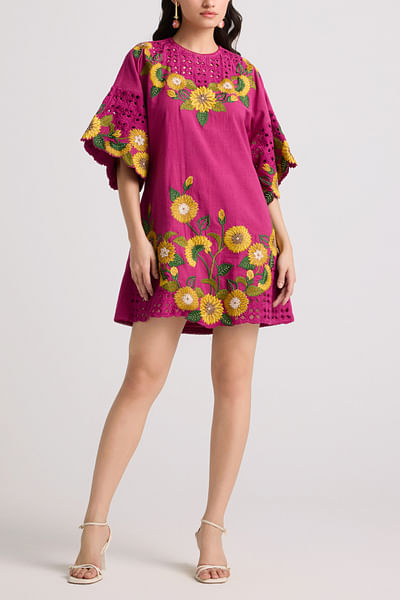 Fuchsia floral appliqued short dress