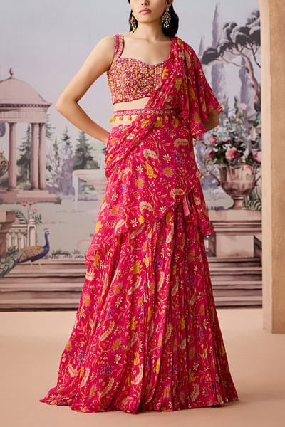 Fuchsia floral chintz printed draped sari set