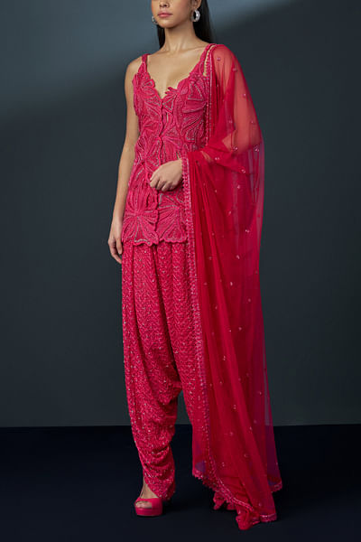 Fuchsia floral cutwork kurta set