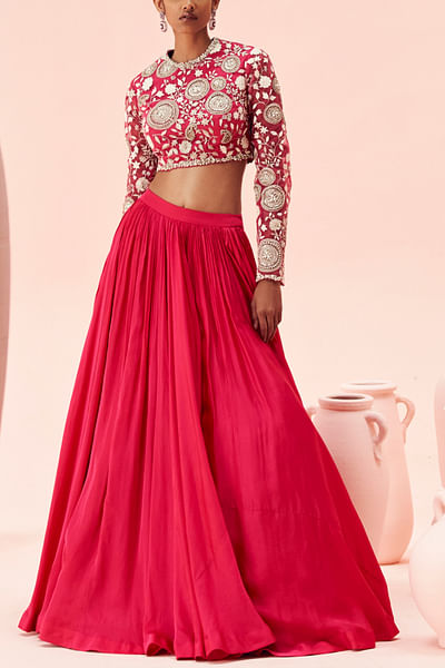 Fuchsia floral embroidered blouse and lehenga