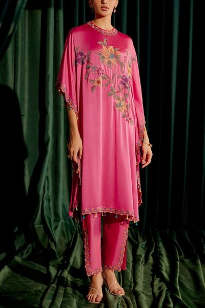 Fuchsia floral embroidered kaftan set