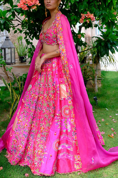Fuchsia floral embroidered lehenga set