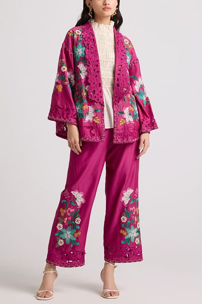 Fuchsia floral embroidered pants