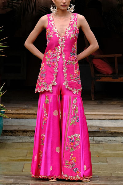 Fuchsia floral embroidered woven sharara set