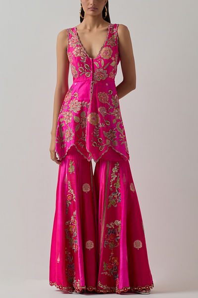 Fuchsia floral woven embroidered gharara set