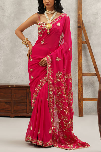 Fuchsia floral zari embroidered sari set