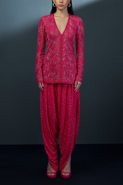 Fuchsia geometric embellished jacket set