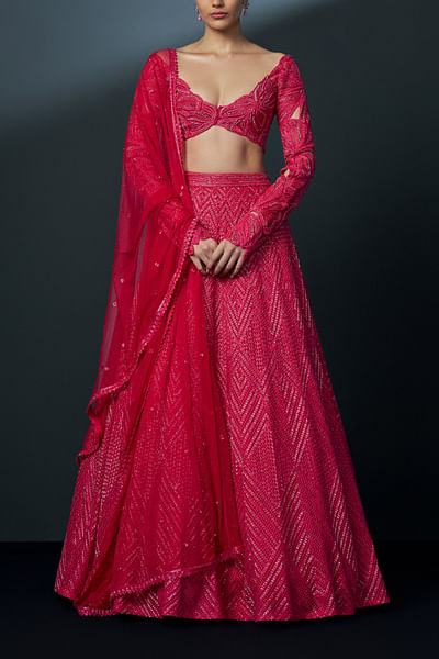 Fuchsia geometric embellished lehenga set