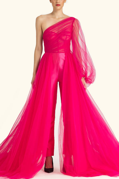 Fuchsia one shoulder draped jumpsuit