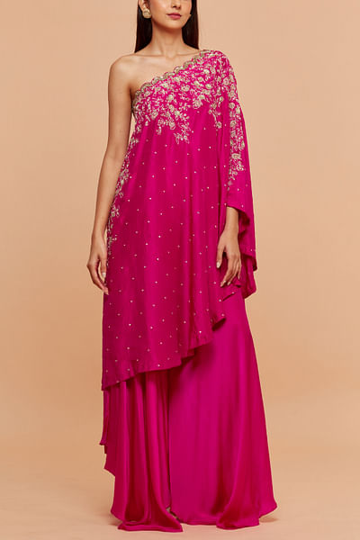 Fuchsia pink embroidered one-shoulder cape set