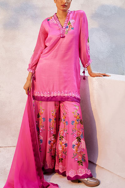 Fuchsia pink floral and bird printed sharara set