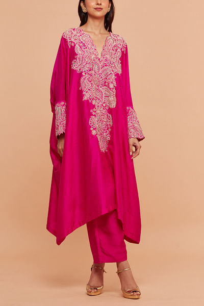 Fuchsia pink floral and paisley embroidery kurta set