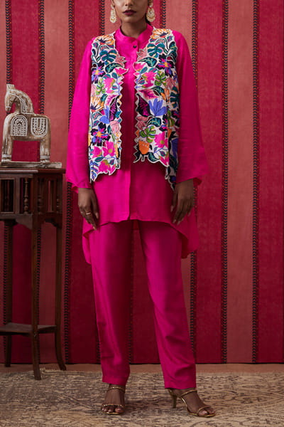 Soup by Sougat Paul Fuchsia pink floral applique jacket set SSPMAR24DP113