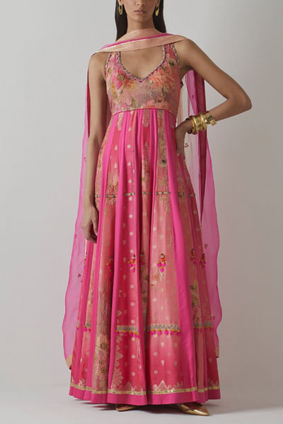 Fuchsia pink floral embroidered anarkali set