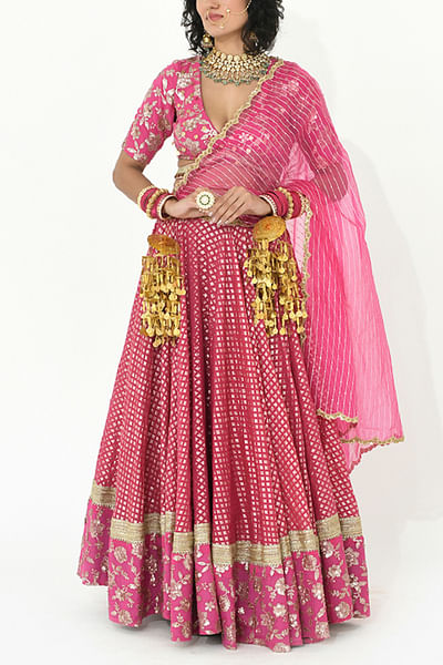 Fuchsia pink floral metallic lehenga set