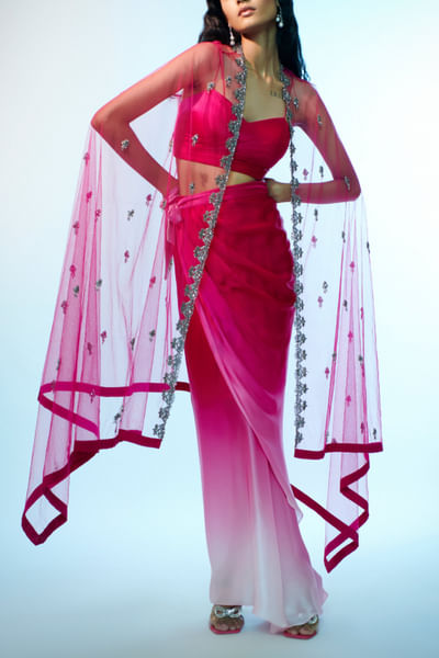 Fuchsia pink ombre draped skirt set